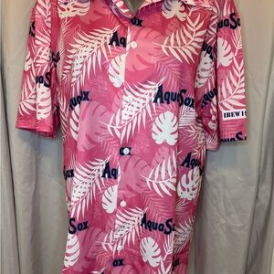 Pink and White Hawaiian Print Shirt, Everett AquaSox SGA IBEW 191 button up sz M